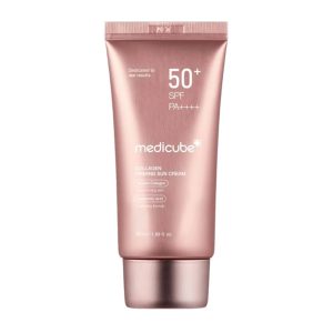 کرم ضد آفتاب بدون رنگ دست و صورت مدیکیوب spf50 مدل کلاژن محافظ UVA،UVB مناسب برای انواع پوست حجم 50 میلی لیتر