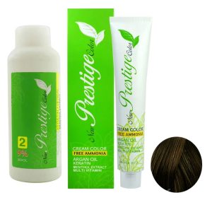 رنگ مو نیو پرستیژ کالر شماره 5.3 حجم 100 میلی لیتر رنگ قهوه ای زیتونی روشن به همراه اکسیدان نیو پرستیژ کالر مدل 2 نه درصدی حجم 150 میلی لیتر