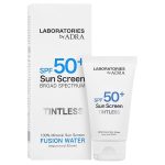 کرم ضد آفتاب بیرنگ صورت و گردن آدرا SPF 50 مدل فیوژن واتر محافظ UVA/UVB مناسب برای انواع پوست حجم 50 میلیلیتر
