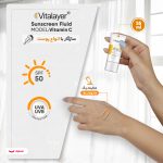 فلوئید ضدآفتاب رنگی ویتالیر، 50 SPF، مدل Vitamin C، مناسب انواع پوست تنالیته رنگ متوسط و حجم 50 میلی‌لیتر، ضد آب، محافظت کننده در برابر اشعه UVA، UVB، IR، آنتی‌اکسیدان، فاقد چربی و پارابن، ضد لک، آبرسان، دارای فرمولاسیون غیرکومدون‌زا، با ماندگاری 2 ساعته