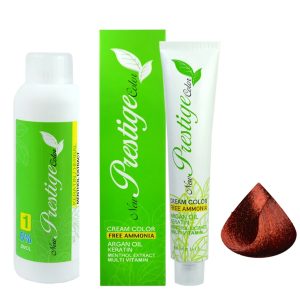 رنگ مو نیو پرستیژ کالر شماره 7.4 حجم 100 میلی لیتر رنگ قهوه ای مسی روشن به همراه اکسیدان نیو پرستیژ کالر مدل 1 شش درصدی حجم 150 میلی لیتر