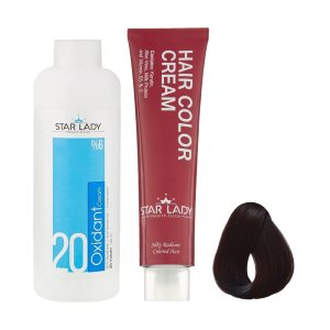 رنگ مو استارلیدی شماره 3.0 حجم 120 میلی لیتر رنگ قهوه ای تیره به همراه اکسیدان استارلیدی مدل 20 شش درصدی حجم 180 میلی لیتر