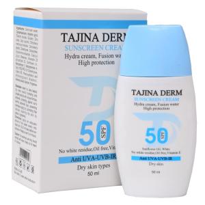 کرم ضد آفتاب بیرنگ تاجینادرم SPF 50 مدل Dry مناسب برای پوست خشک محافظ UVA/UVB حجم 50 میلیلیتر