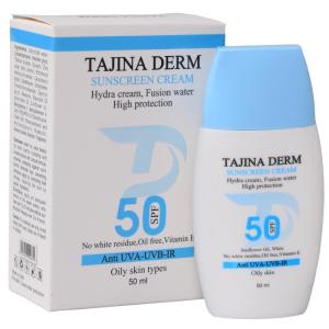 کرم ضد آفتاب بیرنگ تاجینادرم SPF 50 مدل oily محافظ UVA/UVB مناسب برای پوست های چرب حجم 50 میلیلیتر