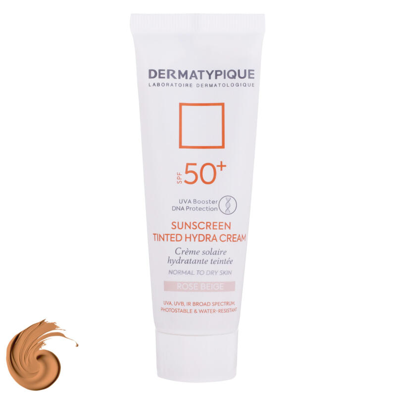 کرم ضد آفتاب رنگی درماتیپیک، 50 SPF، مدل هیدرا، مناسب پوست نرمال تا خشک تنالیته رنگ روشن و حجم 50 میلی‌لیتر، محافظت کننده در برابر اشعه UVA، UVB، IR، ضد آب، ضد خطوط ریز و پیری پوست، مرطوب کننده، التیام‌بخش، با ماندگاری 2 ساعته
