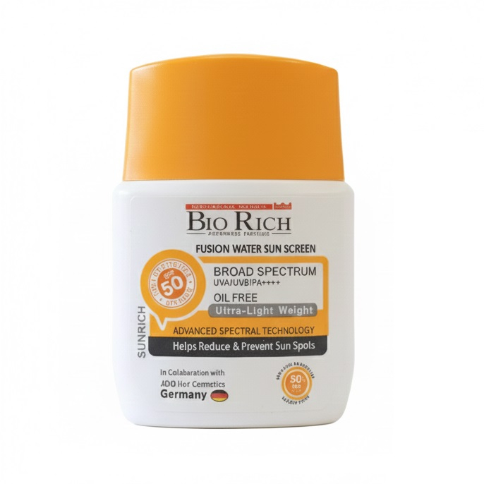 فلوئید ضد آفتاب بیرنگ صورت بایوریچ SPF 50 مدل BROAD SPECTRUM محافظ UVA ،UVB و PA+++،مناسب برای انواع پوست حجم 50 میلیلیتر