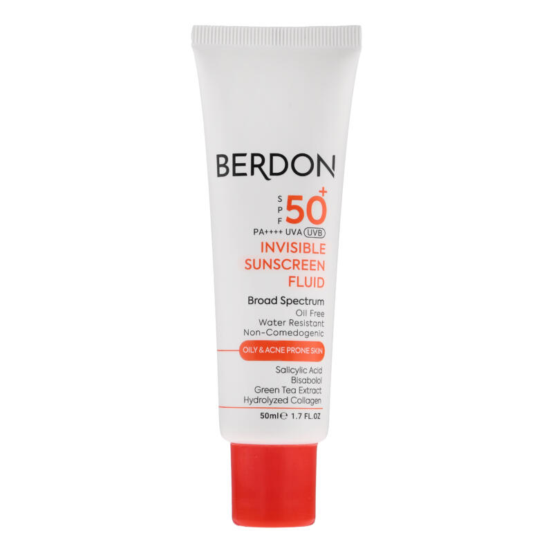 فلوئید ضد آفتاب بدون رنگ صورت بردون spf50 مدل Broad Spectrum محافظ UVA،UVB مناسب پوست‌های چرب و آکنه‌دار حجم 50 میلی لیتر