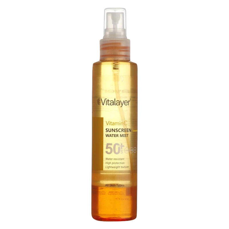 اسپری ضدآفتاب بدون رنگ ویتالیر SPF50 مدل Vitamine C ‌مناسب برای انواع پوست، حجم 150 میلی‌لیتر