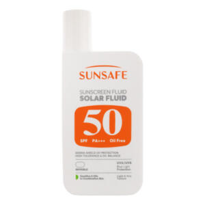 فلوئید ضد آفتاب بی‌رنگ صورت و بدن سان سیف SPF 50 مدل Solar ‌محافظ در برابر اشعه UVA و UVB مناسب برای پوست حساس و چرب حجم 50 میلی‌لیتر