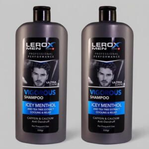 شامپو مو مردانه لروکس مدل ICEY MENTHOL حجم 550 میلی‌لیتر، ضد شوره، تغذیه‌کننده، حاوی عصاره درخت چای، تقویت‌کننده ریشه و ساقه مو، بسته 2 عددی