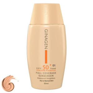 کرم ضد آفتاب رنگی ژیناژن، SPF 50، مدل 01، مناسب پوستهای خشک و نرمال با تنالیته متوسط و حجم 50 میلیلیتر، ضد آب، فاقد پارابن، محافظتکننده در برابر اشعههای UVA و UVB، ارای فرمولاسیون بدون الکل و گلیسیرین غنی شده با ویتامین E، با ماندگاری 4 ساعته