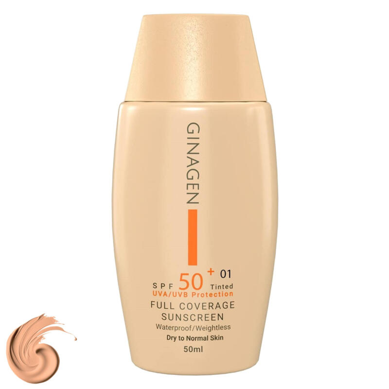کرم ضد آفتاب رنگی ژیناژن، SPF 50، مدل 01، ‌مناسب پوست‌های خشک و نرمال با تنالیته متوسط و حجم 50 میلی‌لیتر، ضد آب، فاقد پارابن، محافظت‌کننده در برابر اشعه‌های UVA و UVB، ارای فرمولاسیون بدون الکل و گلیسیرین غنی شده با ویتامین‌ E، با ماندگاری 4 ساعته