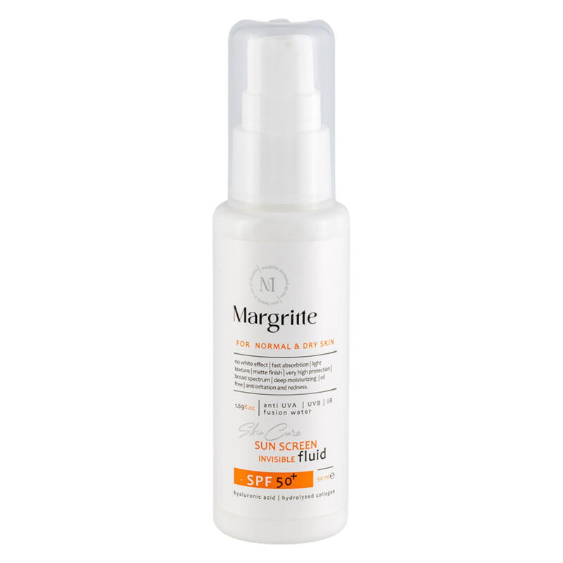 فلوئید ضد آفتاب بدون رنگ مارگریت SPF 50 مدل fusion Water محافظ UVA و UVB، ضد لک و روشن کننده، مناسب برای پوست های خشک و نرمال حجم 50 میلی لیتر