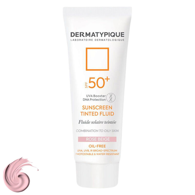 فلوئید ضدآفتاب رنگی درماتیپیک، 50 SPF، مدل TINTED FLUID، مناسب پوست مختلط تا چرب تنالیته رنگ خیلی روشن و حجم 50 میلی‌لیتر، محافظت کننده در برابر اشعه UVA، UVB، IR، ضد آب، فاقد چربی، محافظ DNA سلولی، تنظیم کننده چربی و ضد پیری پوست، با ماندگاری 2 ساعته
