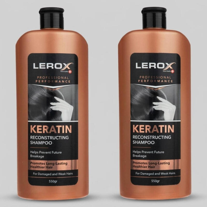 شامپو مو کراتین لروکس مدل کراتین حجم 550 میلی‌لیتر مناسب موهای شکننده و آسیب دیده، ترمیم‌کننده و تقویت‌کننده، حاوی عصاره آلوئه ورا دو بسته 550 میلی‌لیتری